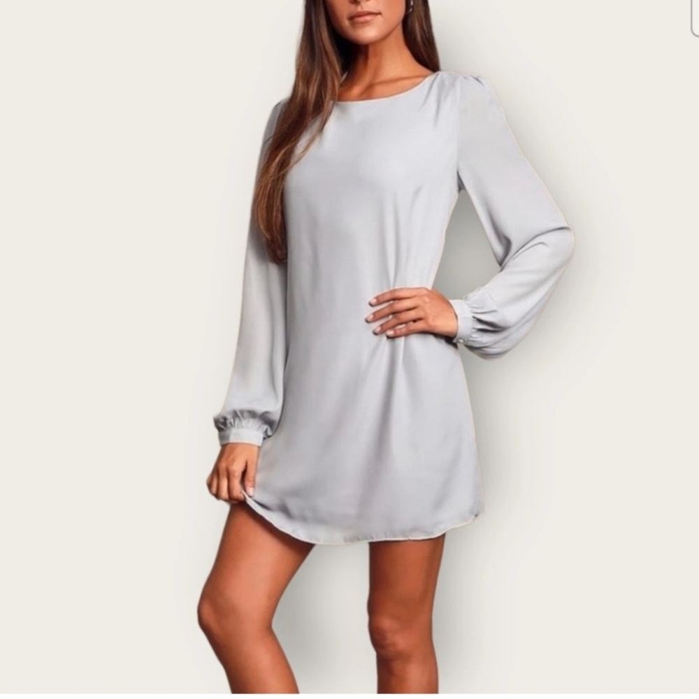 Lulu's Gray Sheath Dress with Crew Neck and Bishop Sleeves